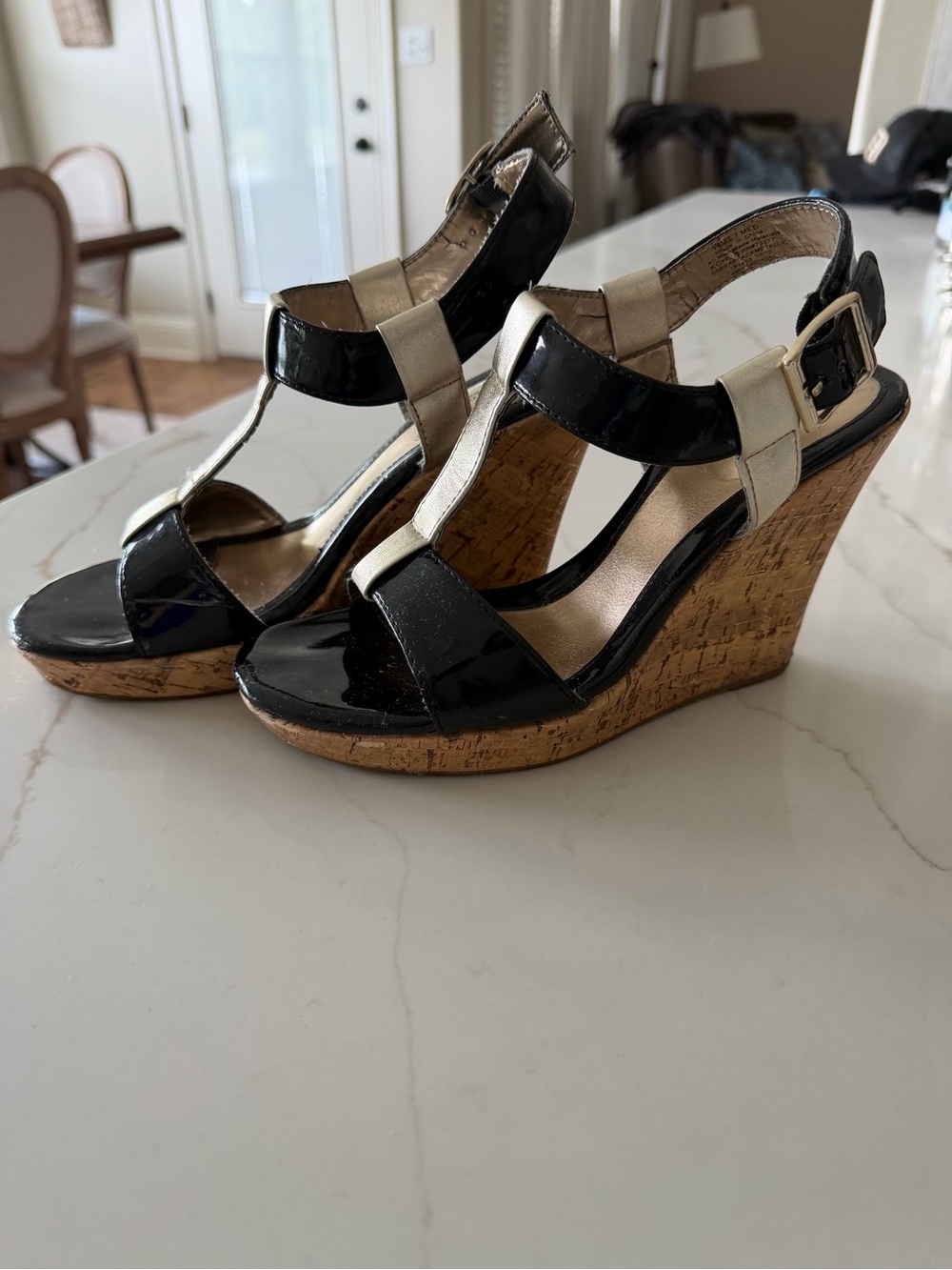 Black Patent Cork Wedge Sandals with Gold Straps